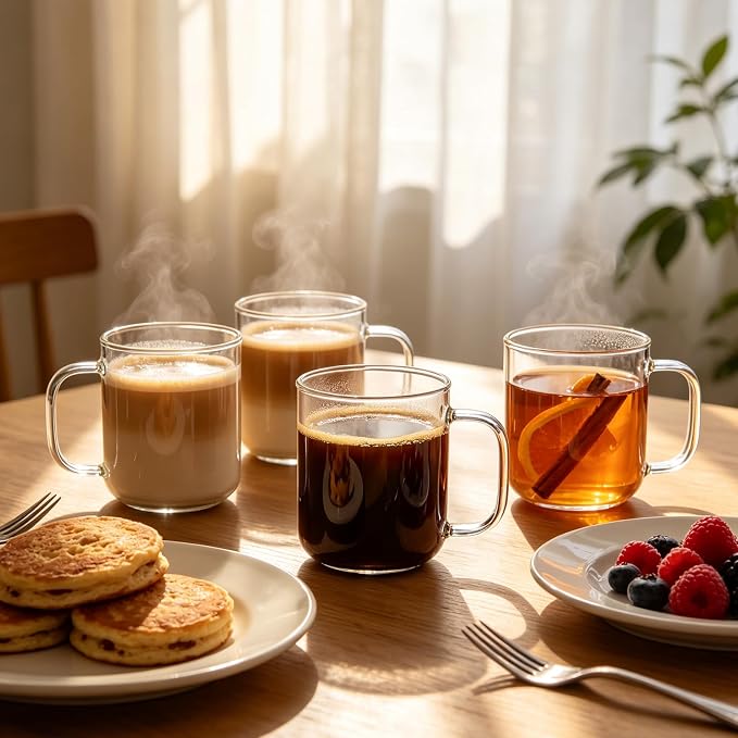 Glass Coffee Mugs, 14 oz Ice Coffee Cups Set of 4, Large Clear Tea Cups, Glass Mugs with Handles for Hot Beverages, Glass Cups for Latte, Cappuccino, and Tea