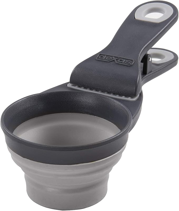 Dexas Popware for Pets Collapsible Klip Scoop, 3-in-1 Pet Food Scoop, Measuring Cup and Bag Clip, 1/2 Cup Capacity, Light Gray