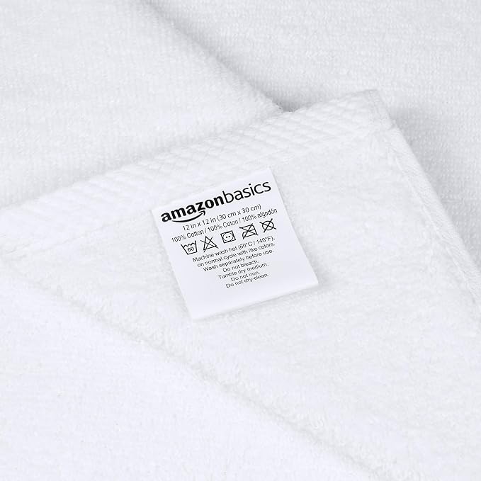 Amazon Basics Cotton Washcloths, Lightweight Quick-Dry, Absorbent Face and Body Towel Set, 12" x 12", White, 12-Pack