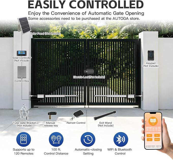 C05 Automatic Smart Gate Opener Kit with APP for Medium Duty Dual Swing Gates Up to 770lbs 16FT, 24V 60W AC Powered Motor Electric Driveway Gate Opener with 2 Long-Range Remotes Complete Kit