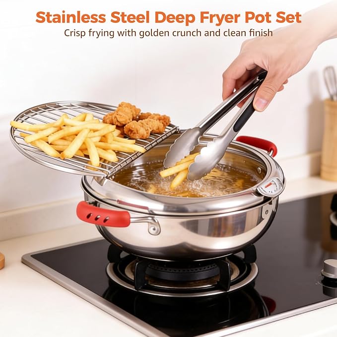 Deep Fryer Pot with Tongs, Stainless Steel Japanese Fryer with Temperature Control and Oil Drip Drainer Rack, Japanese Tempura Pot Set for French Fries Chicken Japanese Tempura (11 Inch)