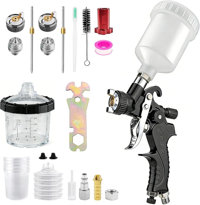 Mini HVLP Air Spray Gun with 0.8/1.0 mm Nozzles and 5pcs 200ML Disposable Paint Cups, 125 cc Cup Gravity Feed Air Paint Sprayer Touch UP Spray Gun for Car Furniture Painting, Detail Repair (Black)