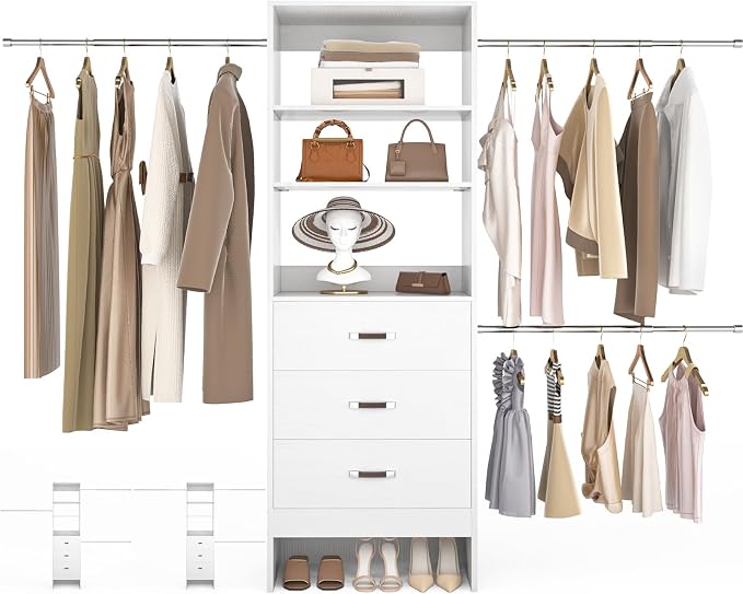 Besiost 96'' Closet Organizer System with 3 Hanging Rods, 8FT Closet Organizers and Storage with 3 Wooden Drawers, Built in Closet Organizer Systems, Adjustable Walk-in Wardrobe from 5-8FT, White