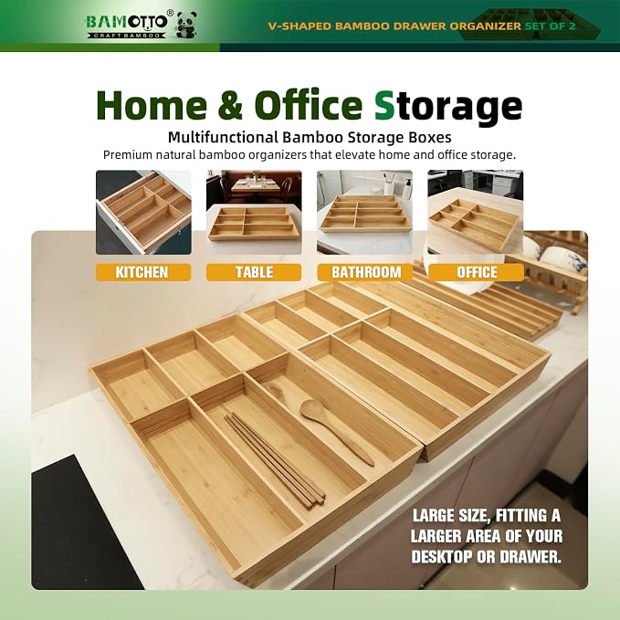 BAMOTTO CRAFTBAMBOO 13 Slot V-Shaped Bamboo Drawer Organizer Set of 2, Extra Large Cutlery Tray - Easy Reach Flatware Silverware Utensil Storage for Kitchen (19.6"x14.6" & 19.6"x12.4")