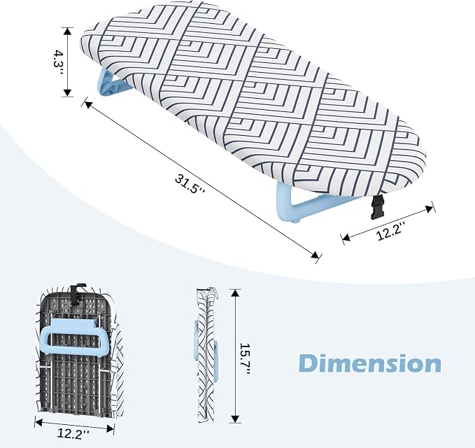 Foldable small ironing board tabletop, Mini iron board small, Table top mini ironing boards small with cover and pad, Folding compact portable iron and ironing boards set for travel, 12*32 Snow White