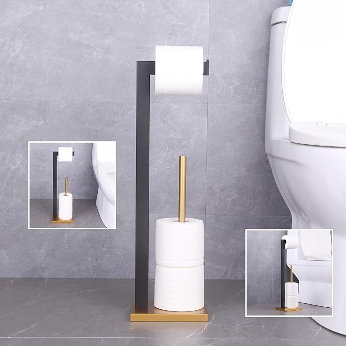 GERZWY Free Standing Toilet Paper Holder, SUS 304 Stainless Steel Toilet Paper Stand with Reserve (Black & Gold) DZY004-BD