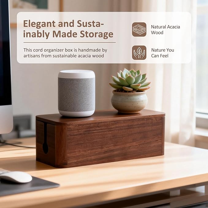 Large Acacia Wood Cable Management Box - Cord Hider&Organizer for TV Wires | Power Strip, Electrical Hiding, Desk & Floor Cables - Solution Wire Storage Solution for Office, Living Room, Bedroom