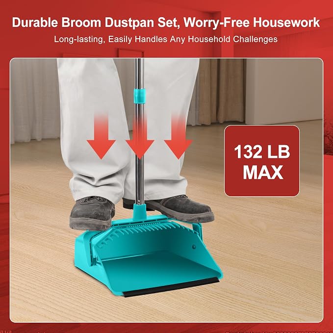 Tiumso Upgrade Broom with Dustpan Combo Set, Broom and Dustpan Set with 51'' Long Handle, Large Upright Brooms and Dust Pans, ZeroGap Lip, Self-Cleaning Dustpan Teeth for Lobby and Restaurant - Blue
