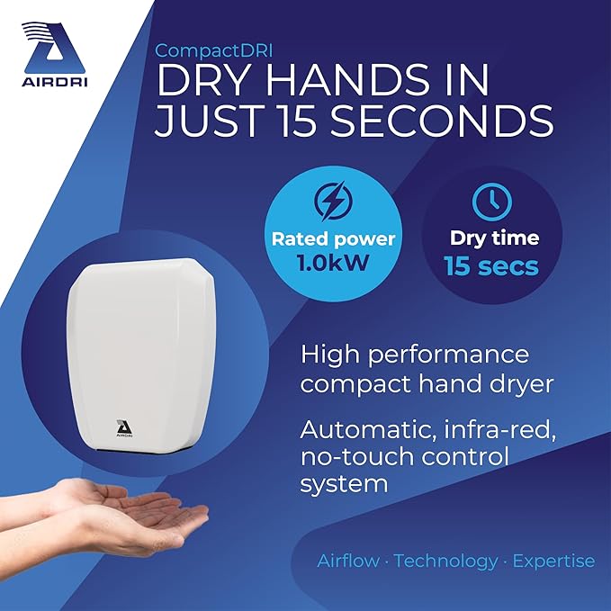 CompactDRI Automatic Hand Dryer - 1.0kW Low Noise Motor - 15-Second Dry Time - 70dBa Noise Output - ADA Compliant - Ideal for Commercial Spaces and Public Facilities - White