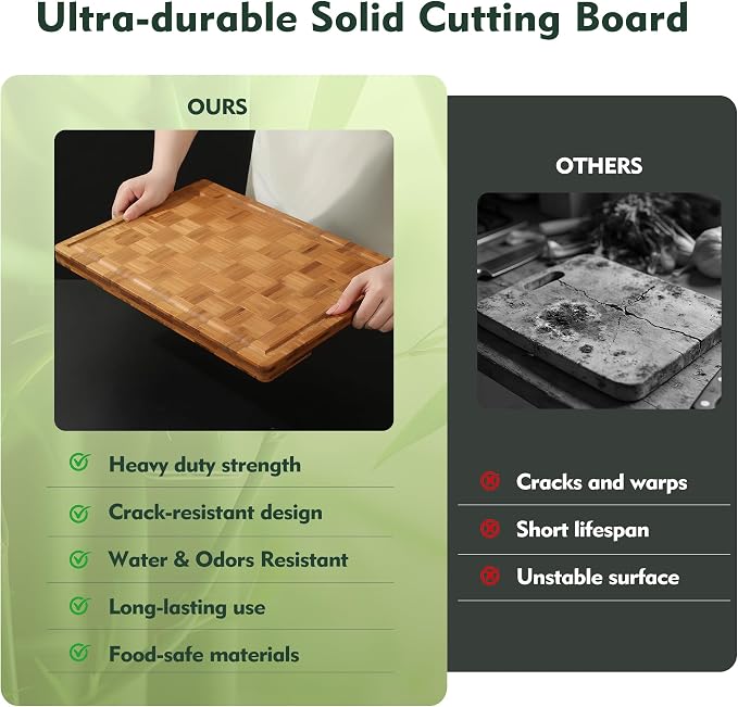 Extra Large Bamboo Cutting Boards, 2-Pack Heavy Duty Bamboo Cutting Boards Set with Juice Grooves & Non-Slip Feet –Checkered Extra Large Thick Wood Chopping Board for Meat, Fruits, Non-Toxic & Durable