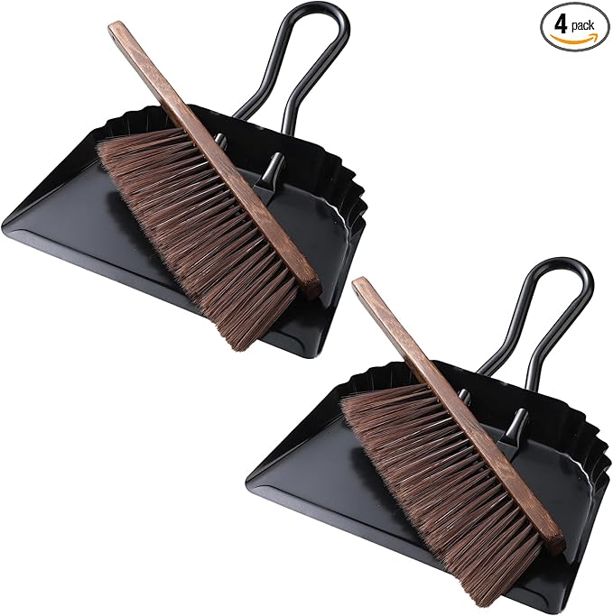 SiliFine 4 Pcs Dustpan and Brush Set 12" Heavy Duty Metal Dust Pan with Handle Brush Set Hand Mini Dust Pan Small Broom and Dustpan for Kitchen Cleaning Car Sofa Desk Home Keyboard Desk Pet