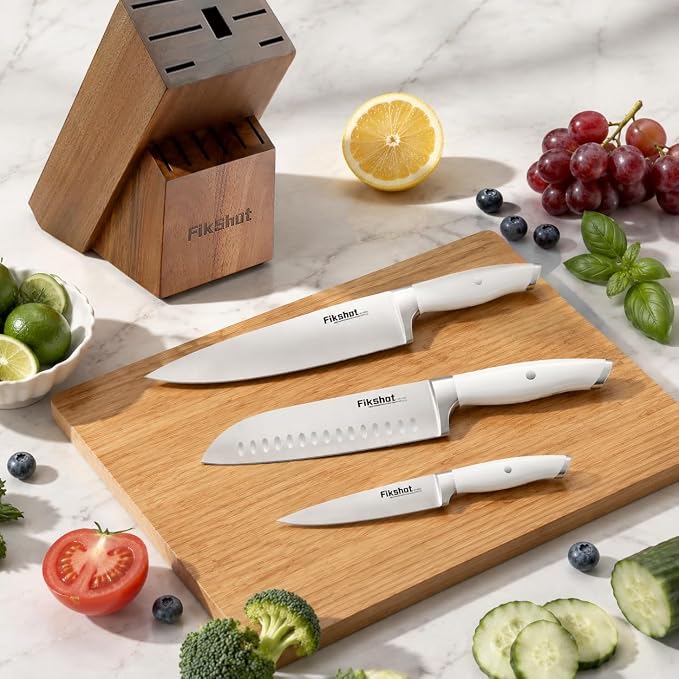 Fikshot 14-Piece Knife Set – German High Carbon Stainless Steel, White | Professional Chef Knives with Block & Sharpener, Dishwasher-Safe, Modern Kitchens, Ideal Gift for Chef & BBQ Festival
