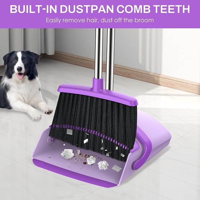 Broom and Dustpan Set for Home, 51-in Long Adjustable Handle Angle Broom and Dustpan Combo Set with Dust Pan Teeth to Clean Hair for Home Kitchen Office Lobby Floor Garden, Purple