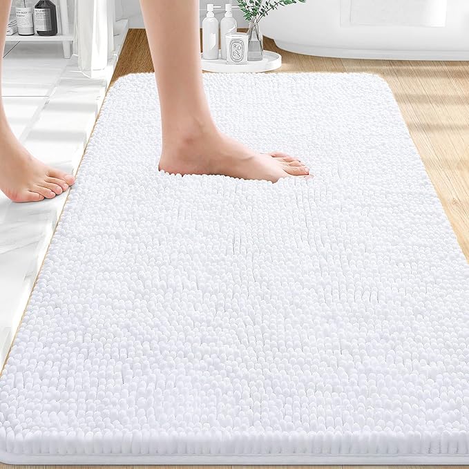 OLANLY Bathroom Rugs 32x20, Extra Soft Absorbent Chenille Bath Rugs, Rubber Backing Quick Dry, Machine Washable Bath Mats for Bathroom Floor, Tub and Shower, Home Decor Accessories, White