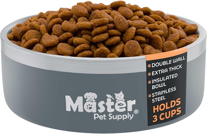 Master Pet Supply Stainless Steel Dog Bowls - 25 oz, Heavy Duty - Graphite, Double Wall Extra-Thick Insulated, Non-Slip Pet Water Bowl for Dogs, Cats & Pets, Anti Rust Metal, Dish Washer Safe
