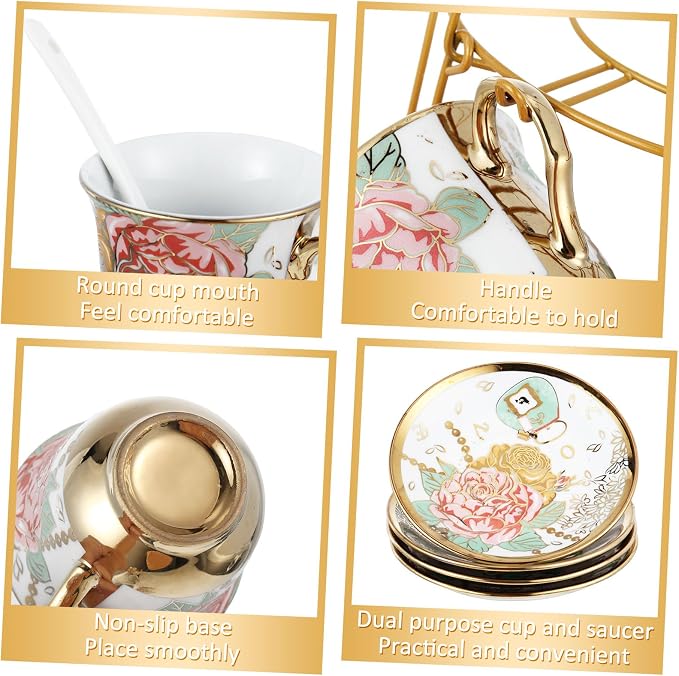 Zhehao 20 Pcs Porcelain Tea Set with Metal Holder and Spoon Adult Ceramic Tea Set European Flower Painting Teapot Cup Saucer Spoon for Women Mom Gift, Large Version (Bright Style)