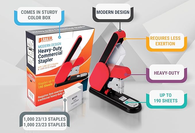 Better Office Products Heavy Duty Modern Stapler, Effortless Lever, 190 Sheet Capacity, 2,000 Heavy Duty Staples Included, Desk Stapler, Large Commercial Office Stapler (Red)