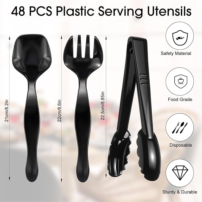 Patelai 48 Pcs Plastic Serving Utensils Disposable Black Serving Spoons Forks Tongs Heavy Duty Party Utensils for Dinner Parties, Buffets, Banquets, Birthday, Weddings and Daily Use