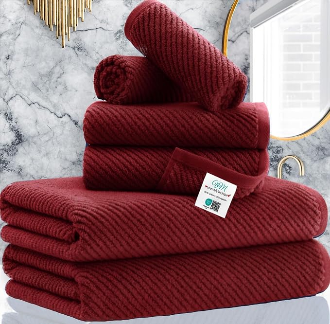 VOOVA & MOVAS 6PC Towel Set, 100% Cotton, Burgundy Red | 2 Large Bath 30x56 In, 2 Hand 18x28 In, 2 Washcloths 13x13 In, Soft, Quick Dry, Towel Gift Set