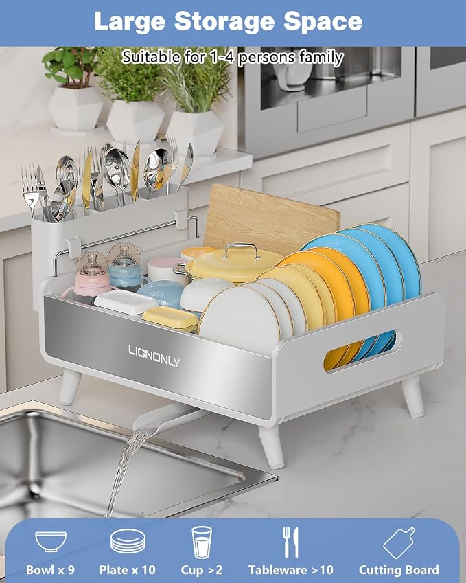 Dish Drying Rack, Thicker Premium Aluminum Frame and 304 Stainless Steel Plate Rack for Kitchen Counter, Automatic Drainage Spout, Dish Drainer & Drainboard Set with Utensil Holder, White