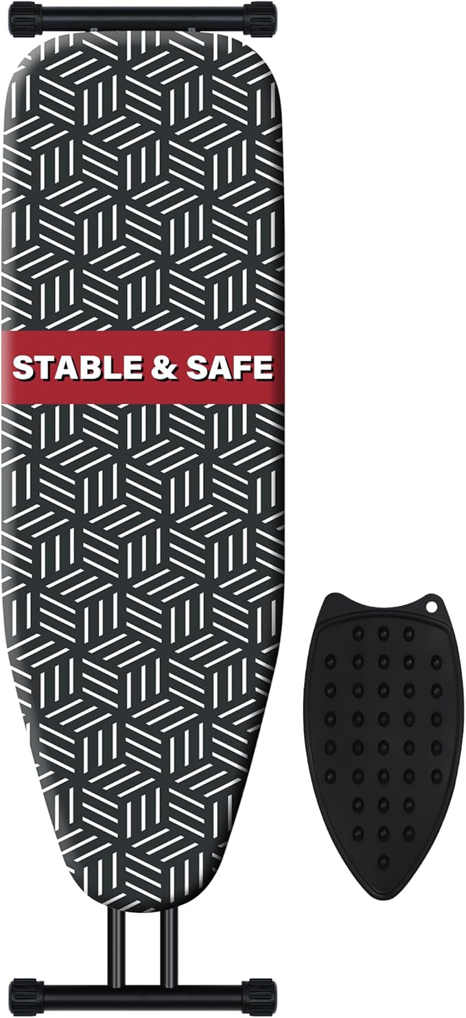 caius Ironing Board 43''x13'', 7 Adjustable Heights, Saves Space | Anti-skid feet for stability · Ultra-thick pure cotton cover · Fast wrinkle-free ironing · 28-35" height range