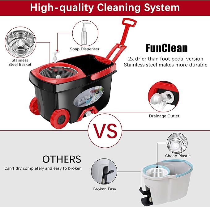 FunClean Spin Mop and Bucket for Home Cleaning, 360° Rotating Floor Mop with Wringer, Adjustable 61" Handle for Back Pain Relief, 6 Microfiber Replacement Heads, 2 Easy-Move Wheels - Black