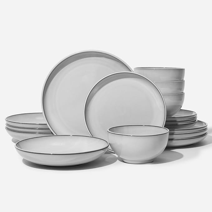 Pokini 16 Piece Double Bowl Dinnerware Sets with Pasta Bowls, Highly Chip and Crack Resistant Plates and Bowls Sets, Natural Earthyware Ceramic Dishware Sets, Service for 4 Moonstone White