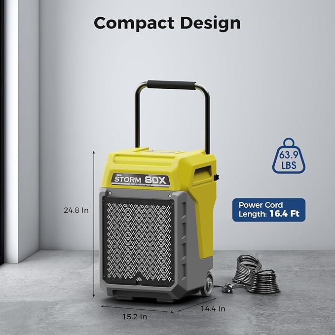 ALORAIR 170 PPD Commercial Dehumidifier with Pump & Drain Hose, LGR Industrial Use, Portable Dehumidifier with Wheels for Water Damage Restore, Carpet Drying, 6-Year Warranty, Storm 80X (Yellow)