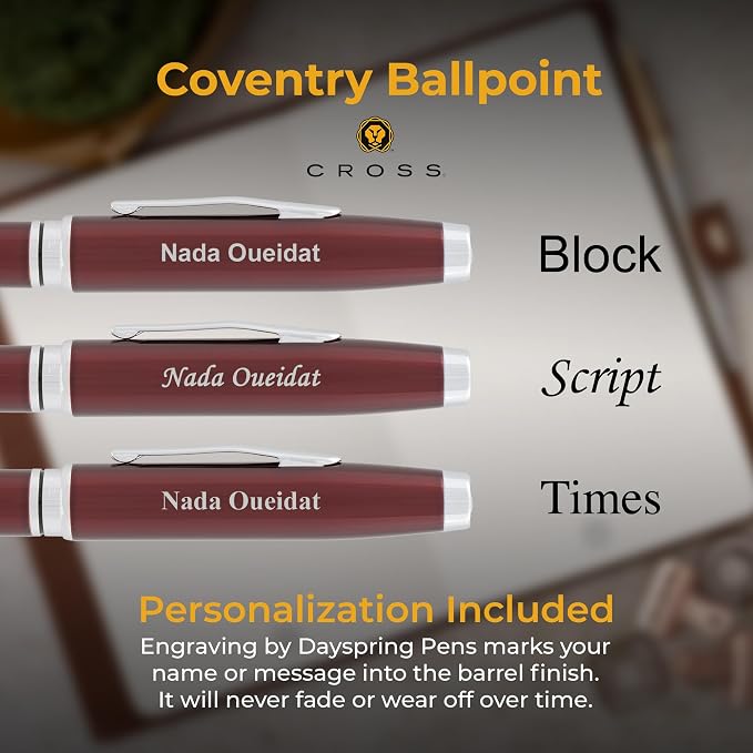 Cross Coventry Engraved Ballpoint Pen, Red Lacquer with Chrome Trim, Twist Action, Personalized Gift for Graduation, New Job, Career Advancement, Birthdays, Cross Gift Box Included