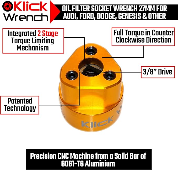 2 Stage 27mm Torque Limiting Oil Filter Wrench, Yellow, Aluminum 6061-T6