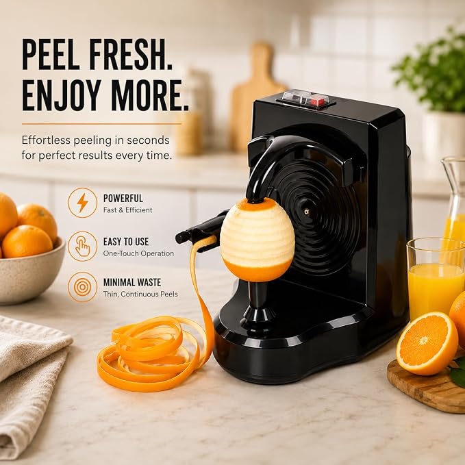 Electric Orange Peeler Automatic Fruit and Vegetable Peeler Machine, Peels Apples, Potatoes, Citrus, Stainless Steel Blade, Compact White (Black)