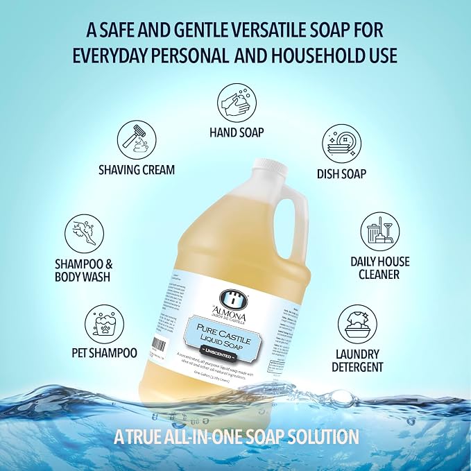 La Almona - Pure Castile Liquid Soap, PEPPERMINT, 1 Gallon - Multipurpose: Hands, Face, Body, Laundry, Dishes & More - For Sensitive Skin, Natural Ingredients, Scented with Essential Oils