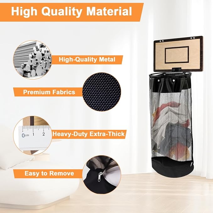 Over the Door Basketball Laundry Basket, 2-in-1 Wooden Basketball Hoop Laundry Hamper, Space Saving Hanging Organizer for Kids, Dirty Clothes Storage with Zipper for Kids Room, Dorm, Bedroom, Bathroom