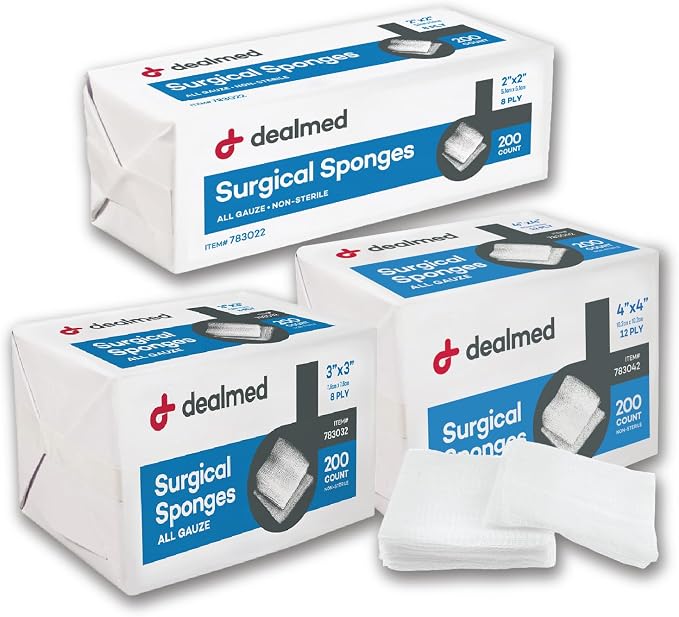 Dealmed 2" x 2" Surgical Sponges, 8-Ply, Non-Woven Absorbent Gauze Sponges for Wound Care, First Aid Kits and Medical Facilities, 200 Count (Pack of 2)