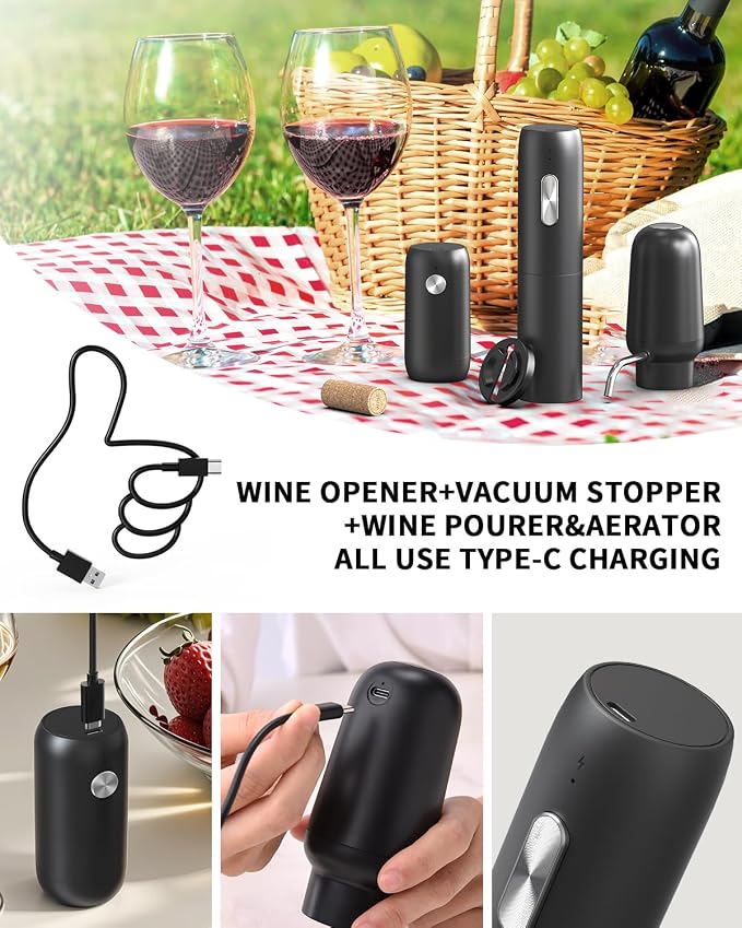 CIRCLE JOY Electric Wine Bottle Opener Set Rechargeable 5-in-1 Wine Set with Foil Cutter, Electric Wine Opener, Electric 2in-1 Wine Aerator & Pourer, Electric Vacuum Wine Stopper, Black Silver