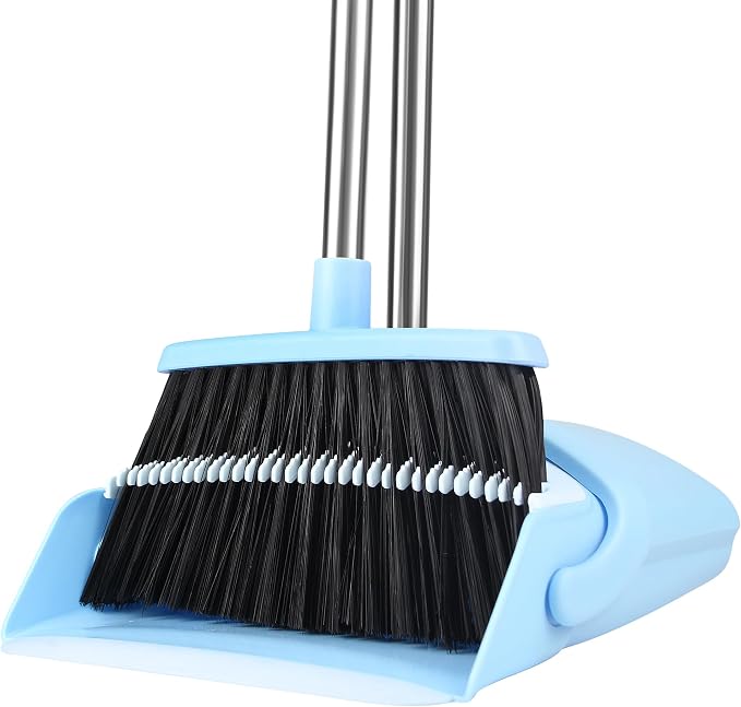 BSKLIN Broom and Dustpan Set for Home, 52" Long Handle Broom Set with Dustpan Teeth to Clean Hair Sweeping Indoor and Outdoor (Blue)