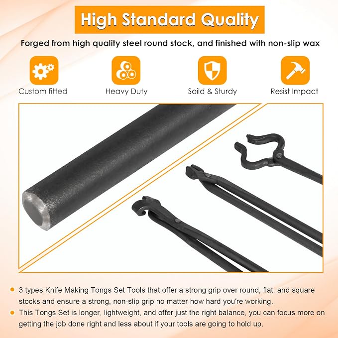 Blacksmith Tongs Knife Making Tongs Set Flat Tongs, Blade Tongs & V-Bit Tongs Assembled Bladesmith Steel Forge Tongs Anvil Blacksmithing Tongs (3 Tongs)