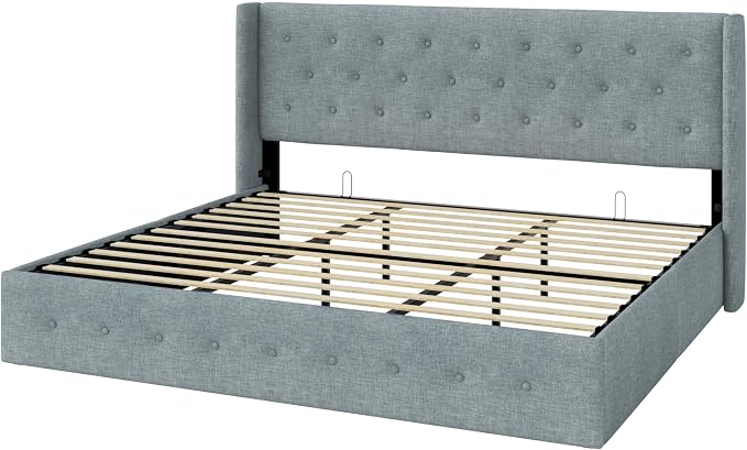 Allewie King Size Lift Up Storage Button-Tufted Bed Frame Blue Grey | Modern Wingback Headboard, Hydraulic Support Storage, No Box Spring Needed