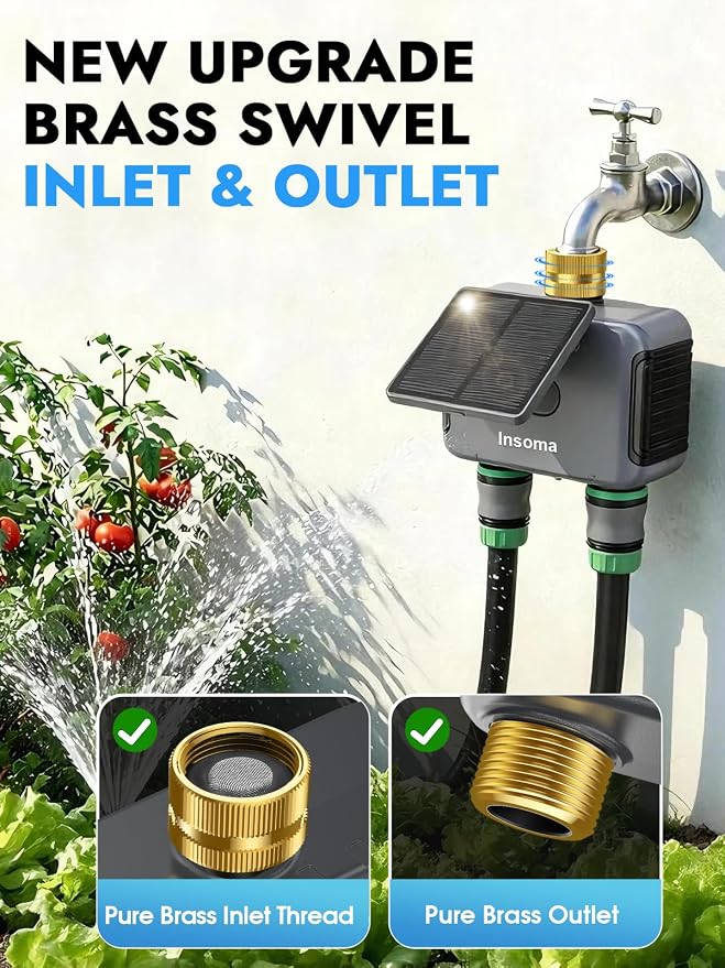 Insoma Solar WiFi Water Timer 2 Zone, Solar&Type-C Rechargeable Smart Sprinkler Timer w/Adjustable 120° Solar Panel, APP&Voice Control Automatic Irrigation for Garden Hose Lawn, No Gateway Required