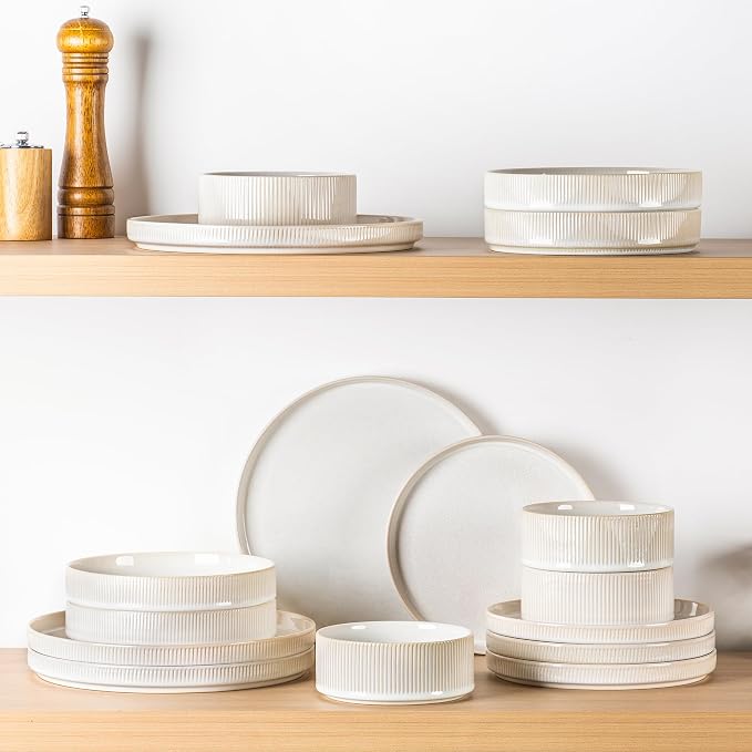 TheTerra Ceramic Dinnerware Sets for 4, 12 Pieces Porcelain Lightweight Plates and Bowls Sets, Scratch Resistant Dish Set, Oven & Microwave & Dishwasher Safe,Reactive White
