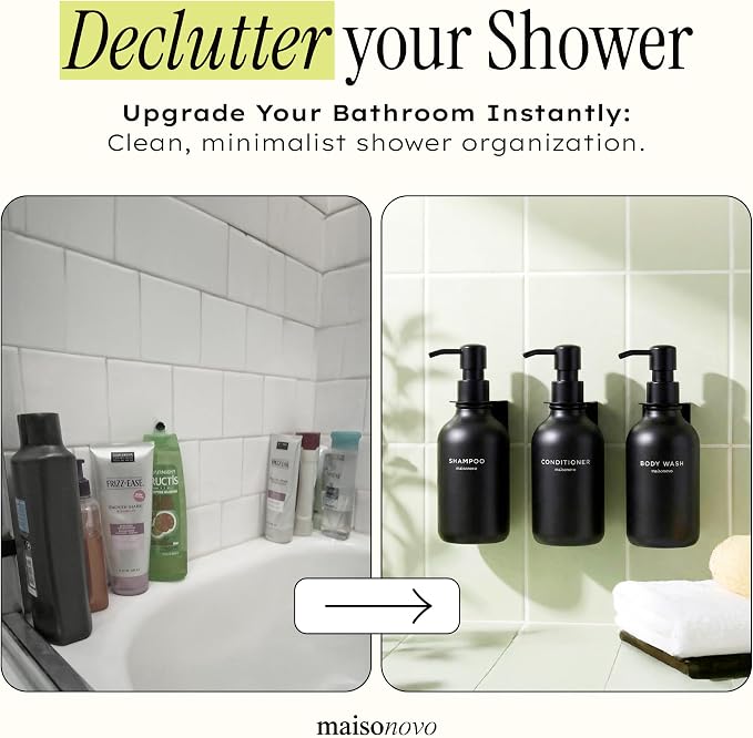 Shampoo and Conditioner Dispenser Wall Mounted Set of 3 Black - No Drill Shower Soap Dispenser for Bathroom Refillable - Spa Hotel Style Accessories by MaisoNovo | 500 ml Shower Gel Dispenser Set of 3. Refillable Shampoo and Conditioner Bottles. Drill ...
