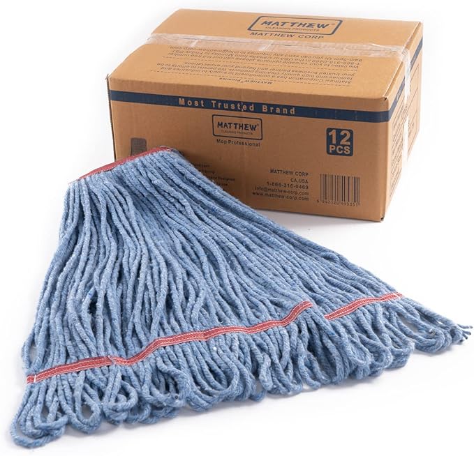 Matthew Cleaning 24oz Heavy Duty Mop Head Commercial Replacement for General and Floor Cleaning , Wet Industrial Blue Cotton Looped End String Head Refill (Case of 12) Blue