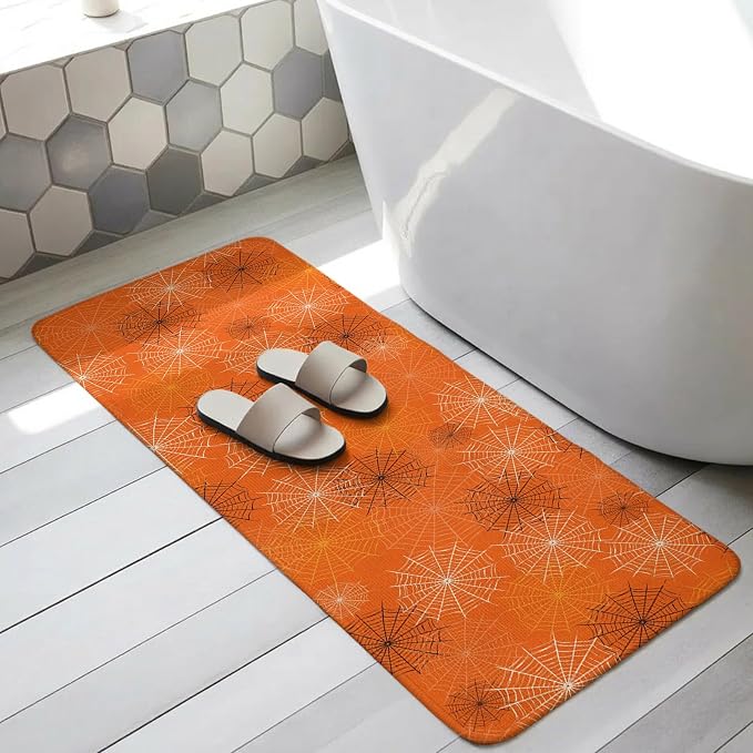 Orange Halloween Bathroom Runner Rugs Non Slip Washable Absorbent Narrow Long Bath Mat Black White Net Halloween Runner Rugs for Kitchen Hallway Bedroom Laundry Study Room 15.7"x47.2"
