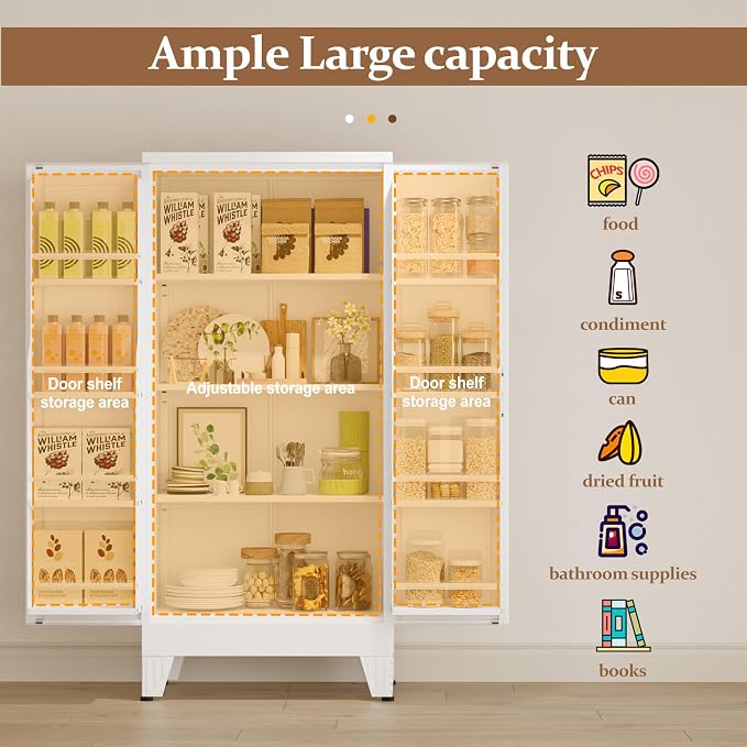 GAIOUS Metal Kitchen Pantry Cabinet, Food Storage Cabinets White Cupboard | Storage Cabinet with 2 Door and 3 Adjustable Shelves, Freestanding Steel Sideboard, with Door Shelf, for Kitchen Dinning Room
