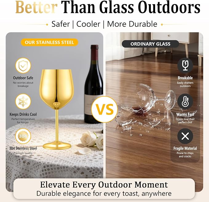 UNISWEET Unbreakable Stainless Steel Wine Glasses Set of 2, Gold | 17oz Unique Fancy Metal Wine Goblets, Shatterproof, Ideal for Outdoor, Camping, Travel, Pool, Great Gift for Wine Lovers
