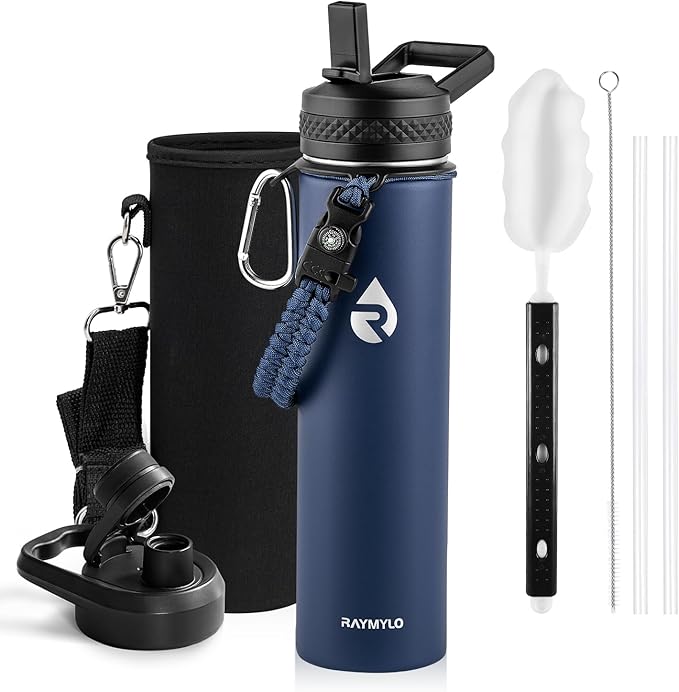 RAYMYLO Insulated Water Bottle 24 oz, Triple Wall Vacuum Stainless Steel (Cold for 24Hrs, Hot for 12Hrs), Leak Proof & Non-BPA, Modern Water Flask Jug with Paracord Handle & Straw Spout Lids