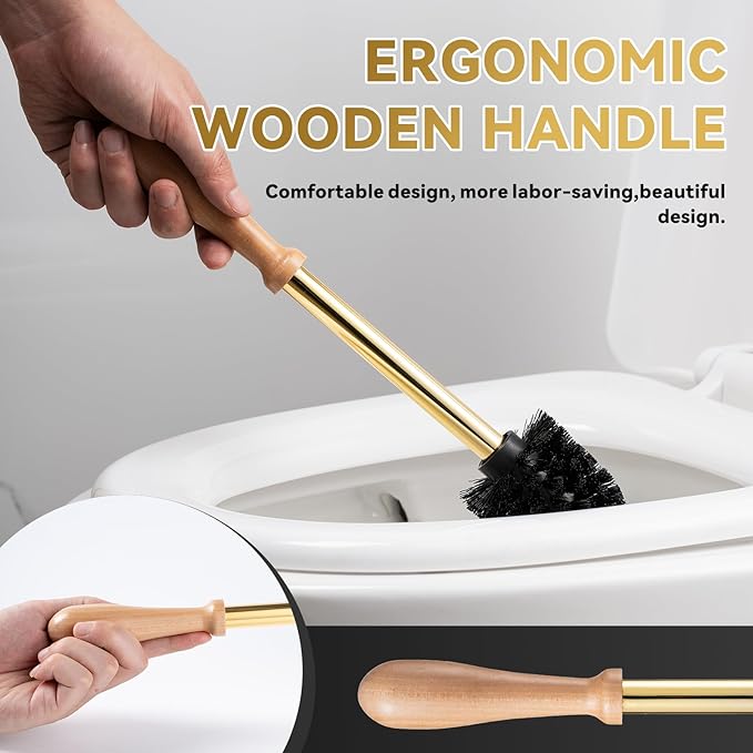 Gold Toilet Brush and Holder Set - Wooden & Stainless SteelHandle Gold Toilet Bowl Brush and Holder with Replaceable Head- Dense Bristles for Thorough Cleaning,Duck Design for Bath Decor Storage