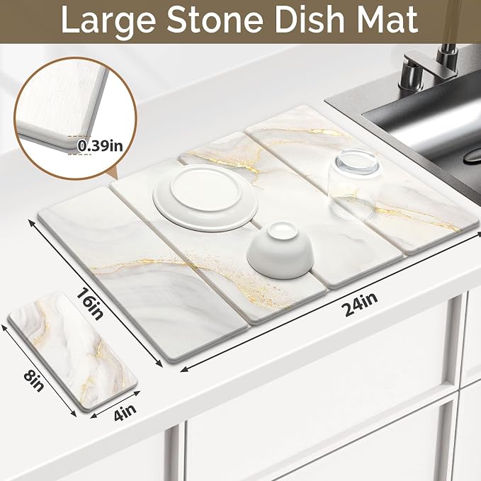 Large Stone Dish Drying Mat for Kitchen Counter, 2 PCS Quick Dry Stone Mats, Foldable Water Absorbing Diatomaceous Earth Drying Dishes Pad for Countertop Bottle Utensil Cup(Yellow White 24"x16"&8"x4")