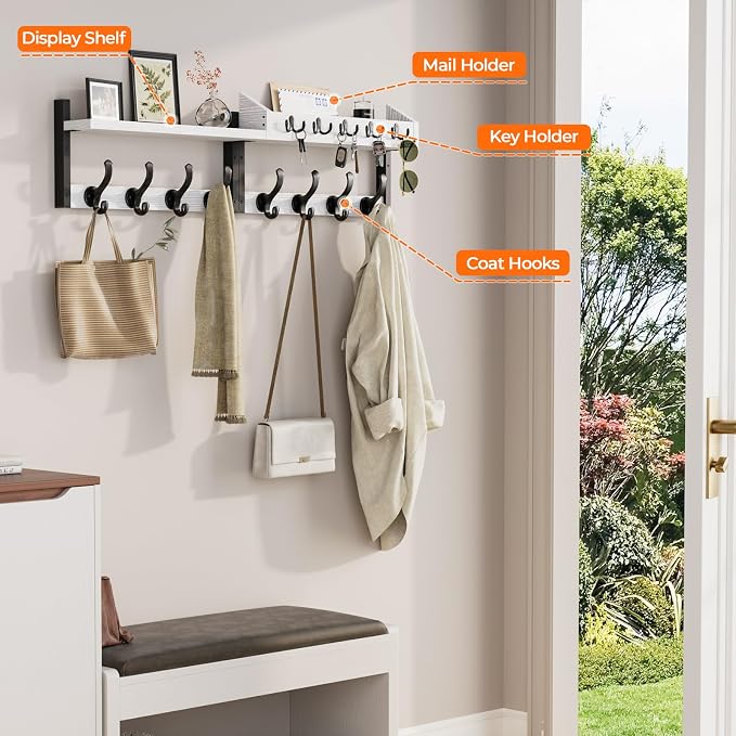 Evermagin 35" Coat Rack Wall Mount with Shelf, 4 in 1 Coat and Key Hanger with 13 Metal Hooks, Entryway Wall Mounted Shelf with Mail Holder for Living Room, Bedroom, White