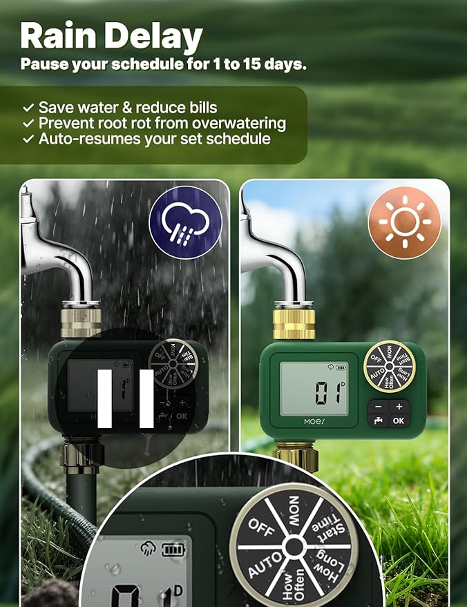 MOES 1 Zone Water Timer for Garden Hose, 3/4 in Brass Inlet and Outlet, Battery Operated Sprinkler Timer, Programmable Faucet Valve, Rain Delay, Manual Watering, Non-WiFi